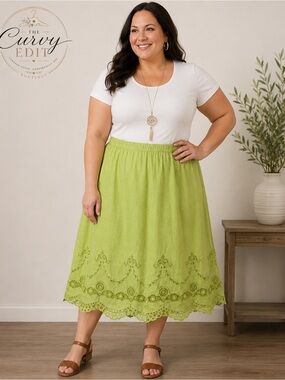 La Rea Collection Lime Green Embroidered Ramie Skirt Eyelet Hem Size 4X Summer